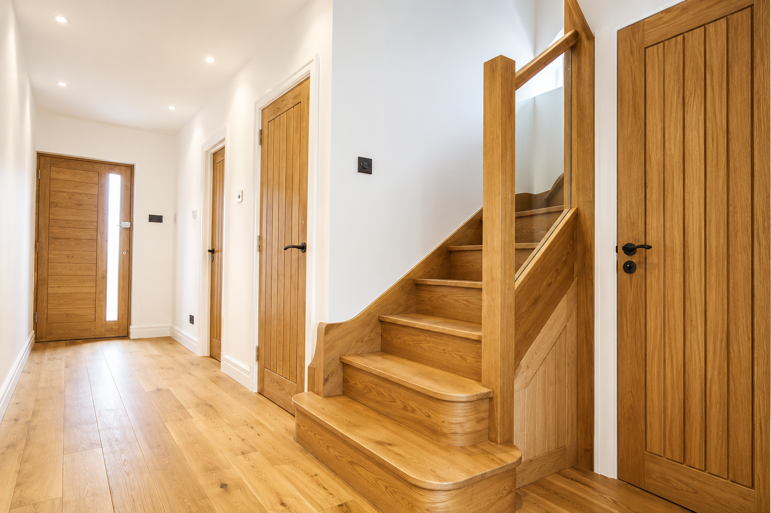 Bespoke oak staircase and matching internal oak doors completed in a Wirral home