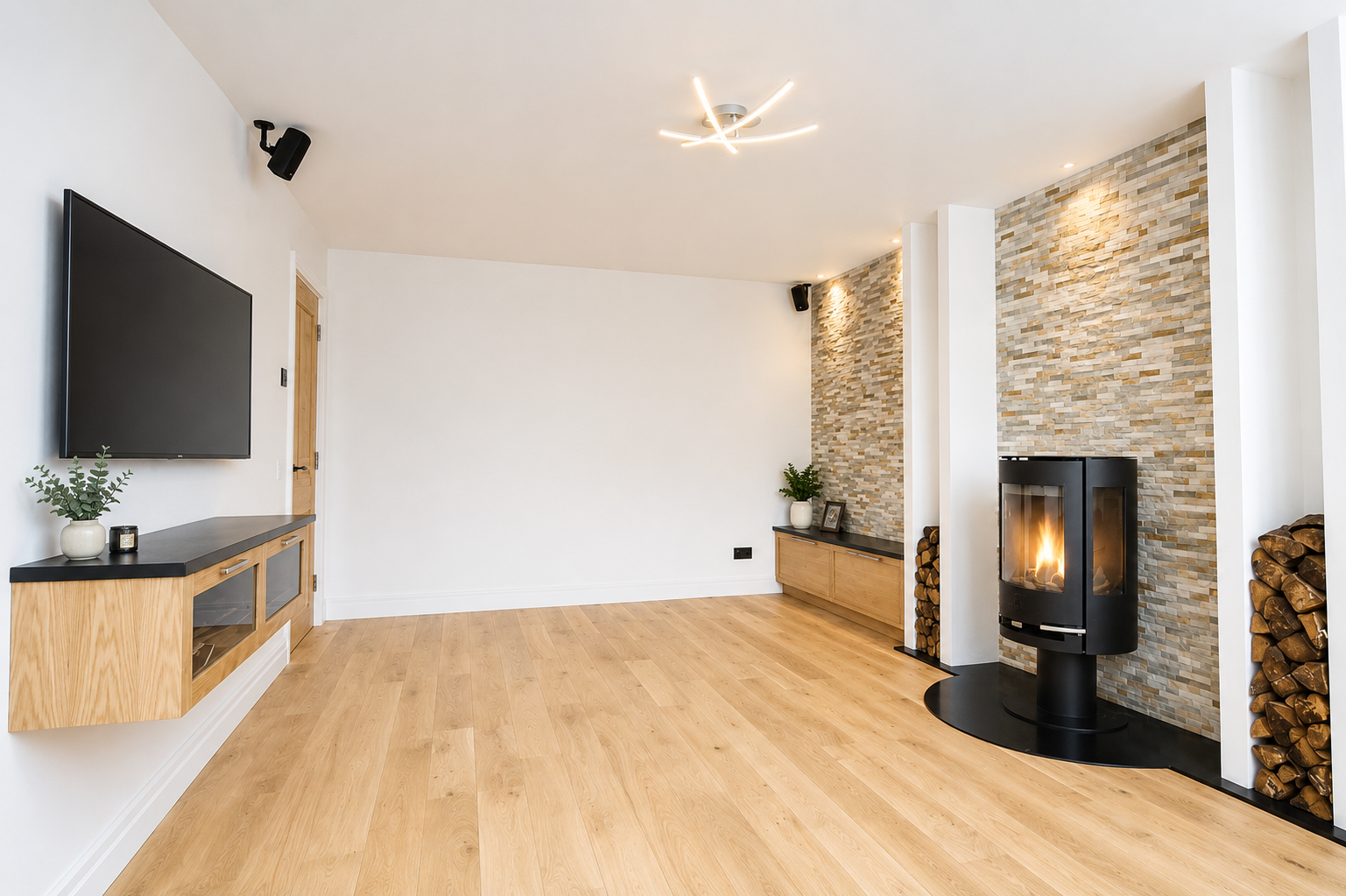 Modern living room renovation in Wirral with feature stone wall, wood flooring and log burner