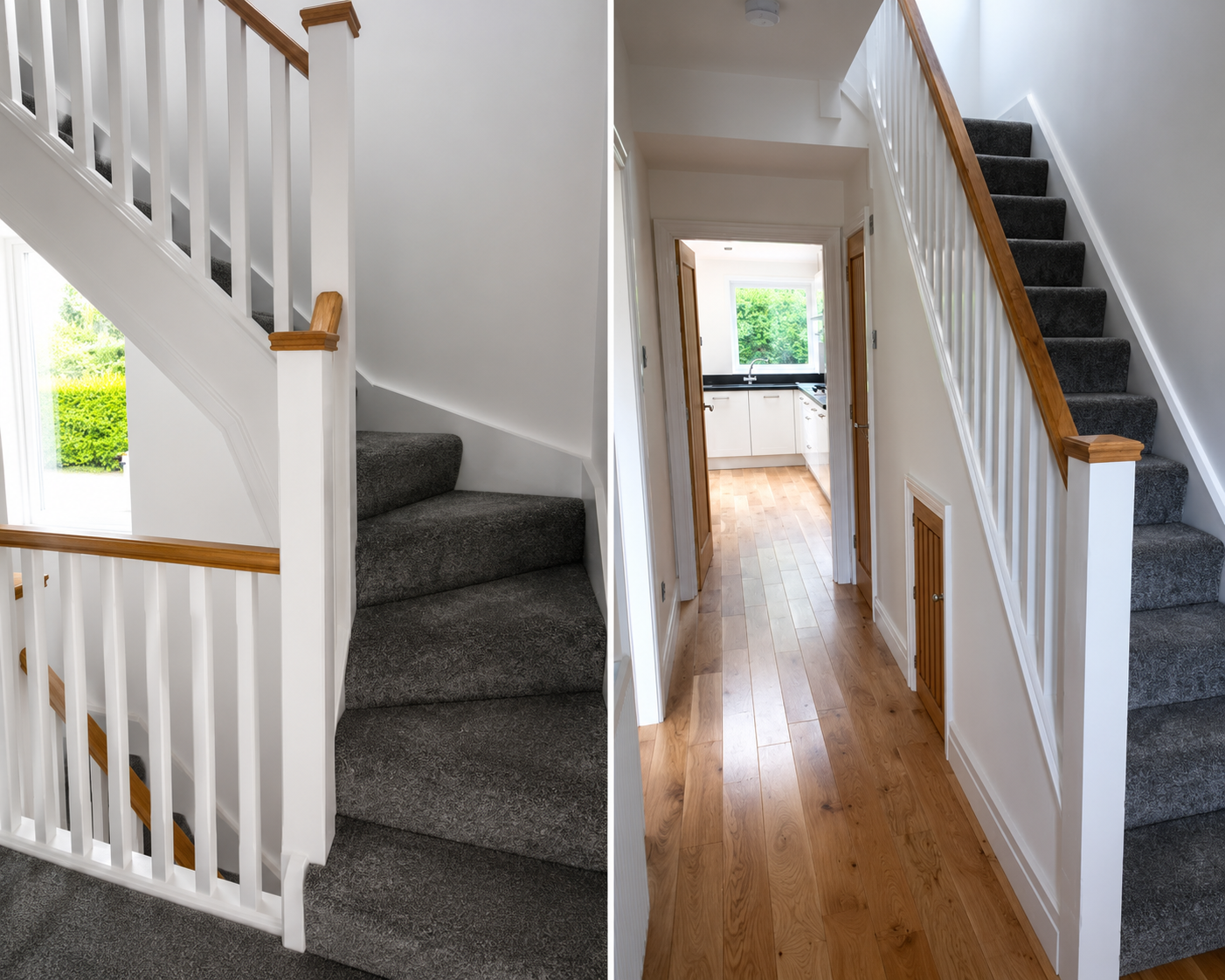 Loft conversion staircase with carpeted stairs and oak handrails