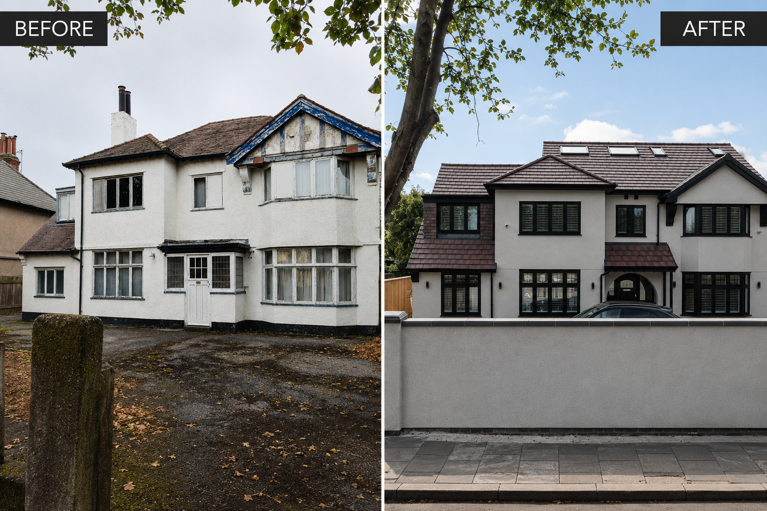 Before and after of a house extension and exterior renovation transforming the front of a Wirral home