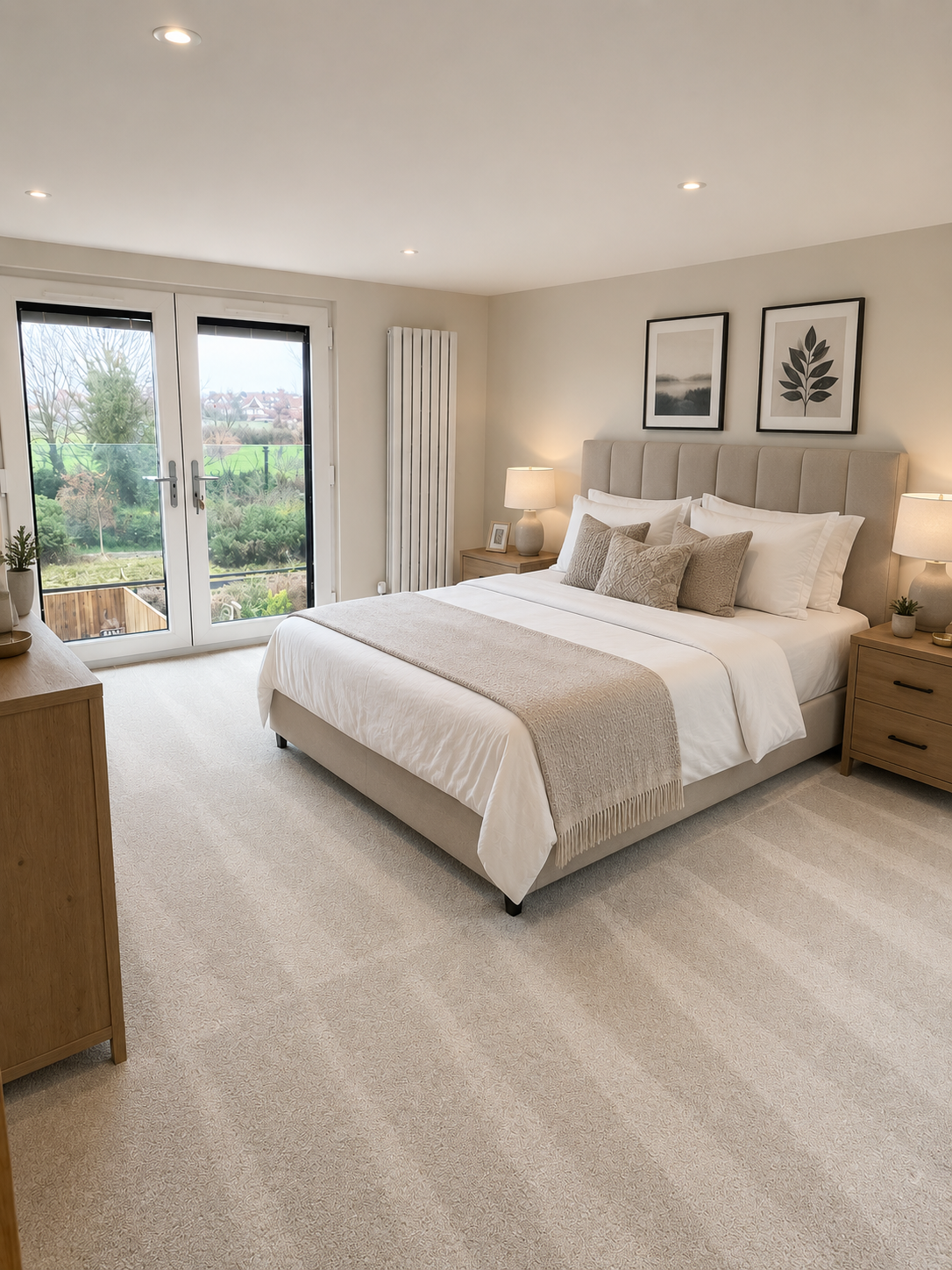 Completed loft conversion bedroom with French doors overlooking the garden