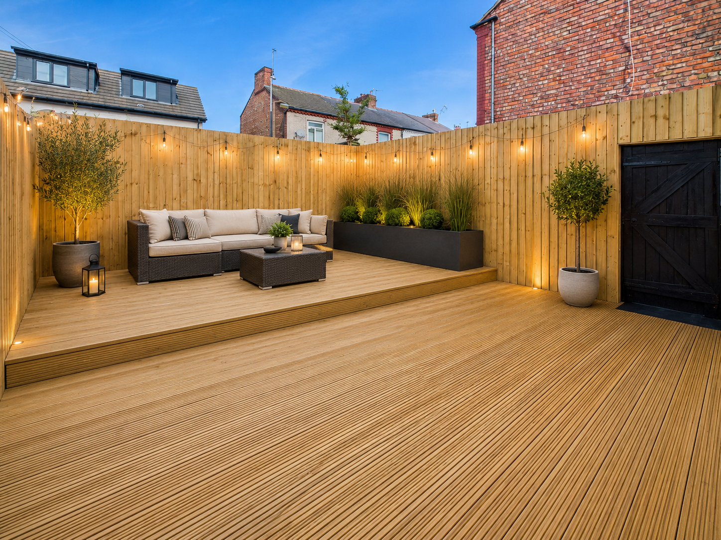 Landscaped garden and timber decking creating a contemporary outdoor living area in Wirral