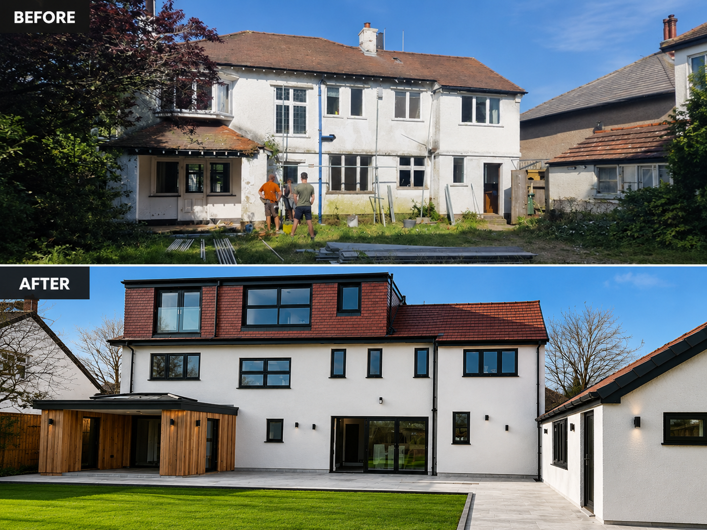Before and after of a major renovation, loft conversion and extension transforming a family home in Wirral
