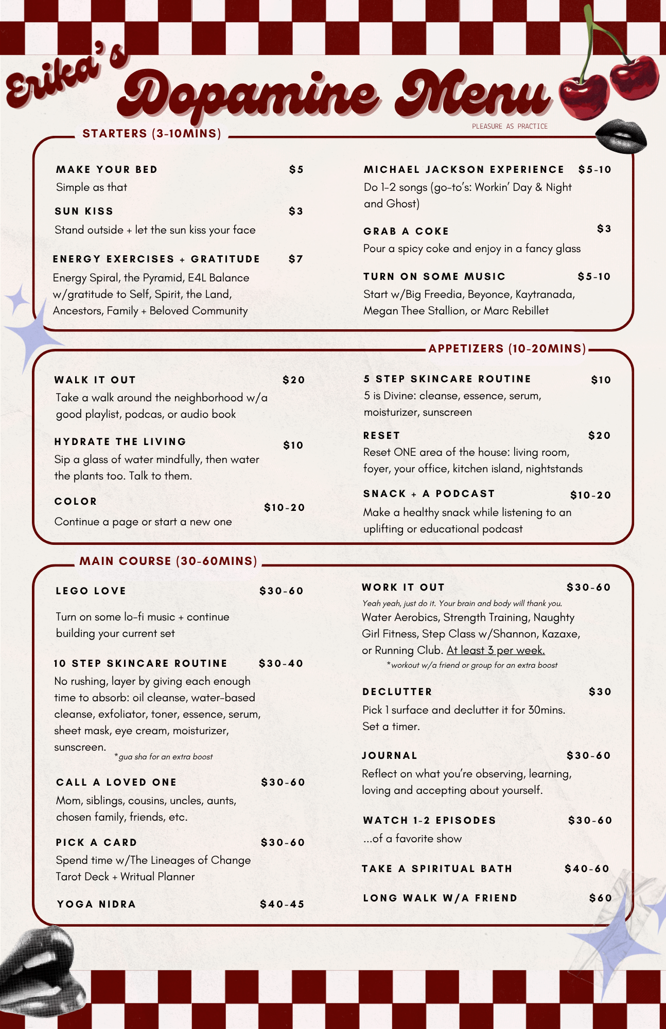 A wellness and self-care menu featuring various activities and services with descriptions, prices, and categories including starters, appetizers, main courses, and additional services. Decorative images of cherries, lips, and star shapes are in the corners.