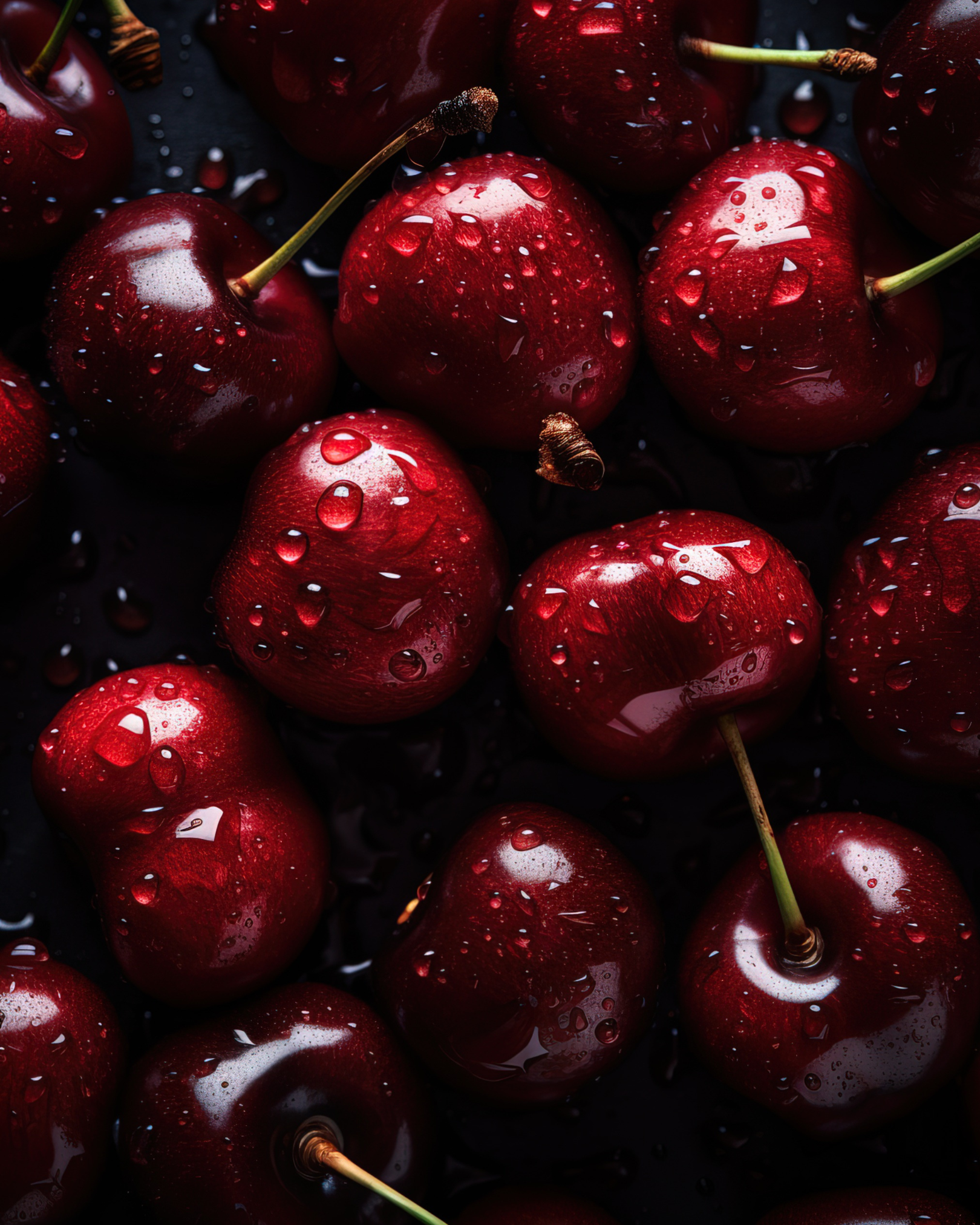 Close-up of ripe cherries with water droplets on dark background.