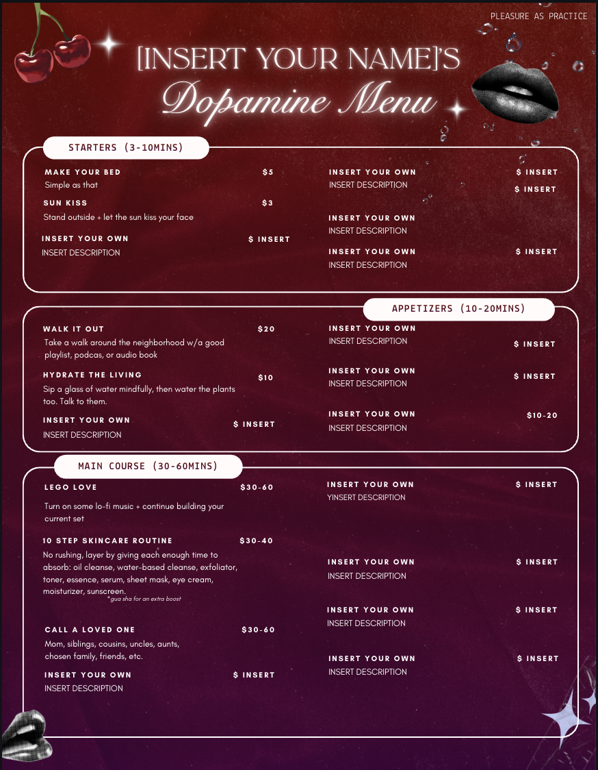 A customizable dopamine-themed menu with sections for starters, appetizers, and main courses. Decor includes cherries at the top, a black lipstick kiss, a small star, and a lips graphic at the bottom left, with a dark red background.