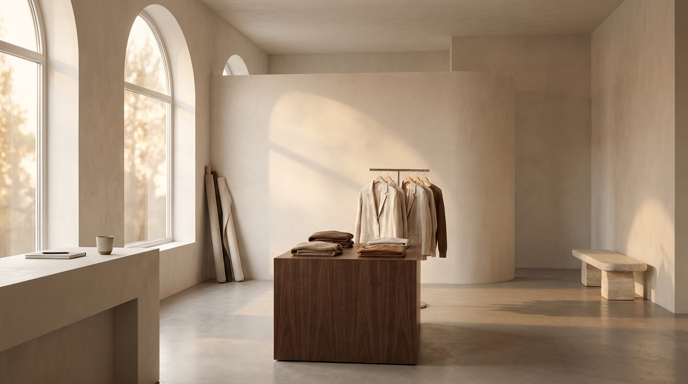 Minimalist clothing store with beige walls, large arched windows, a wooden table with folded clothes, and a clothing rack with cream and brown shirts.