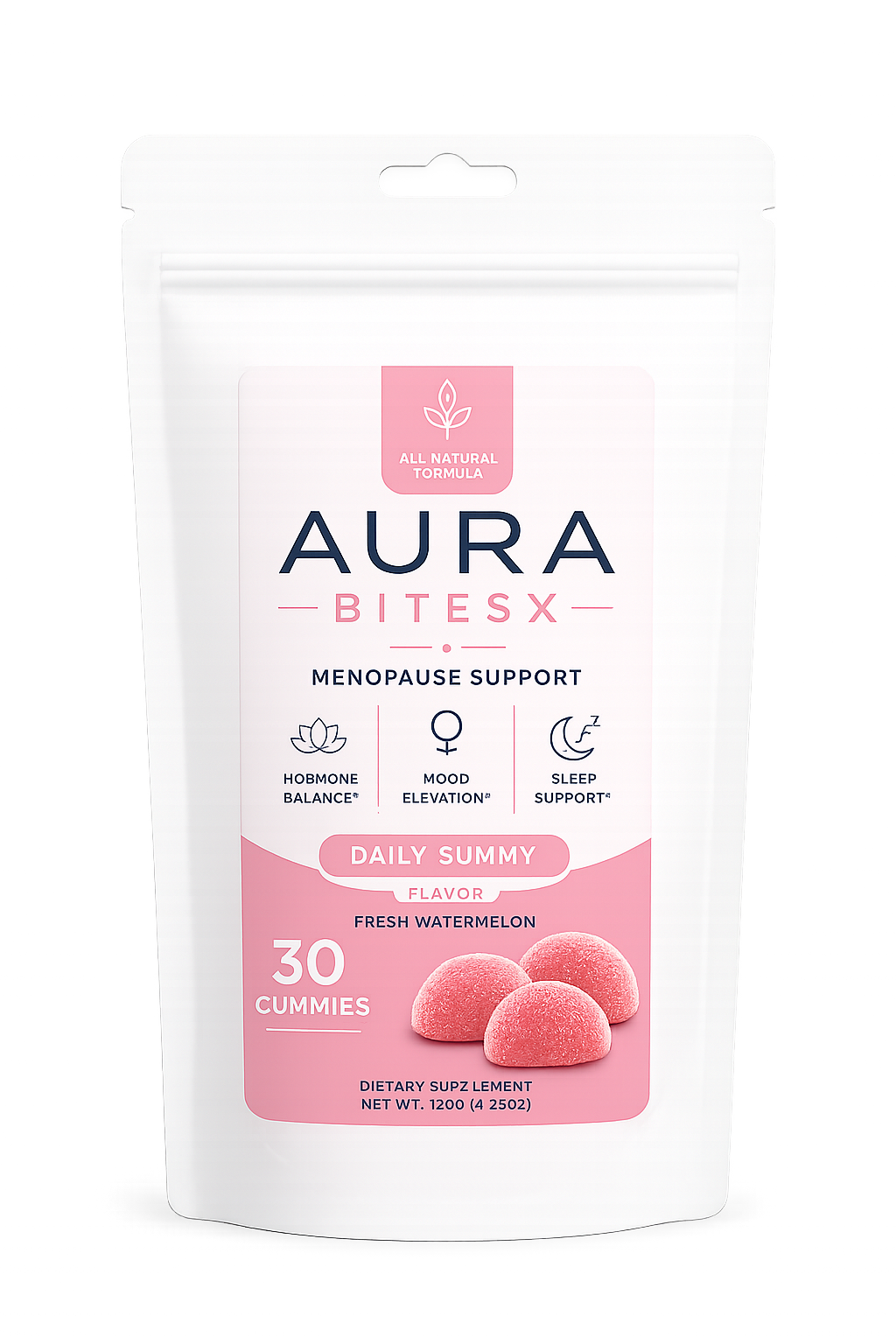Package of Aura BITESX menopause support supplements with 30 pink watermelon-flavored gummies, featuring icons for hormone balance, mood elevation, and sleep support.