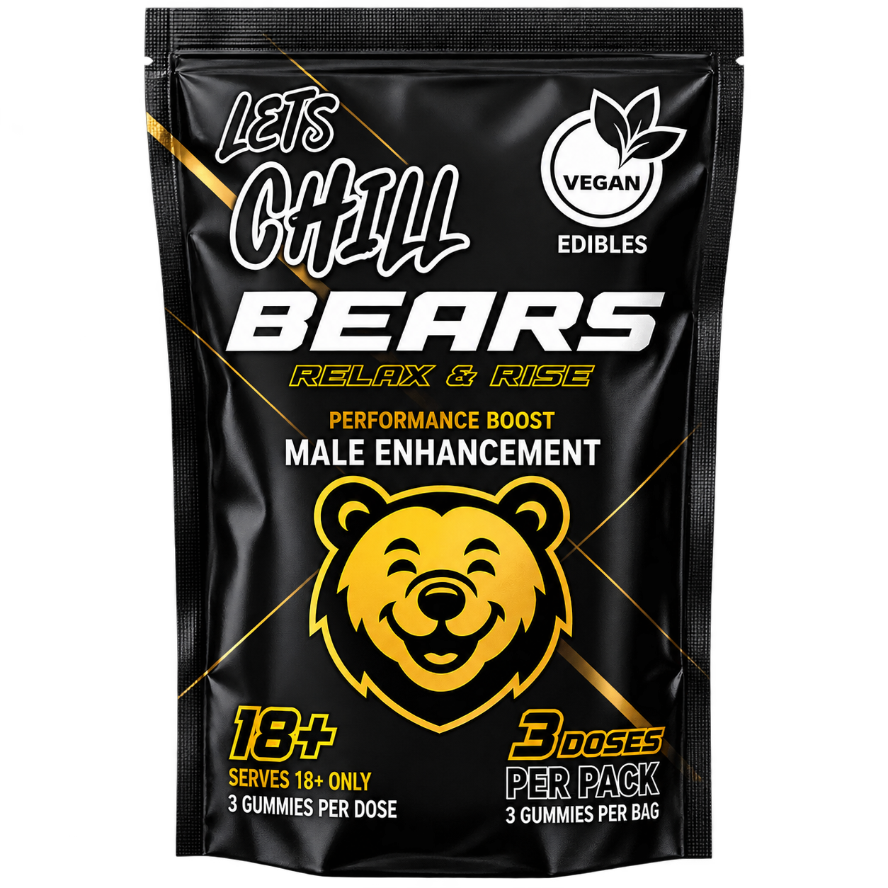 Black package of Lets Chill Bears vegan edibles with a smiling bear illustration, labeled for male enhancement, with notes that it serves 18+ only and contains 3 gummies per dose.