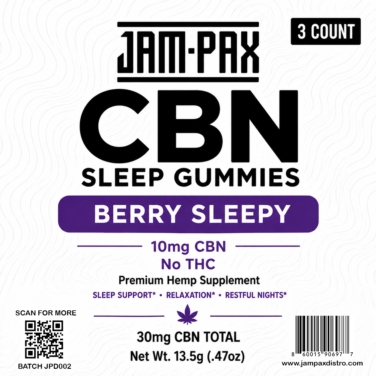 Label for Jam-Pax CBZ Sleep Gummies in Berry Sleepy flavor, containing 30mg total CBN and 10mg per gummy, with no THC, emphasizing sleep support, relaxation, and restful nights.