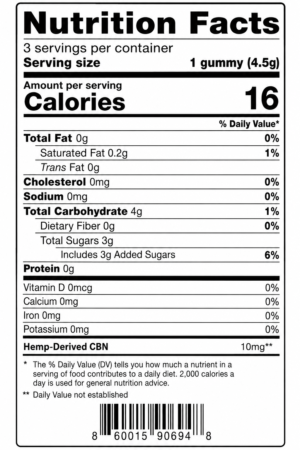 Nutrition facts label for gummies, showing 16 calories per serving, no fat or cholesterol, 4 grams of total carbohydrates, 3 grams of added sugars, and hemp-derived CBN of 10 mg.