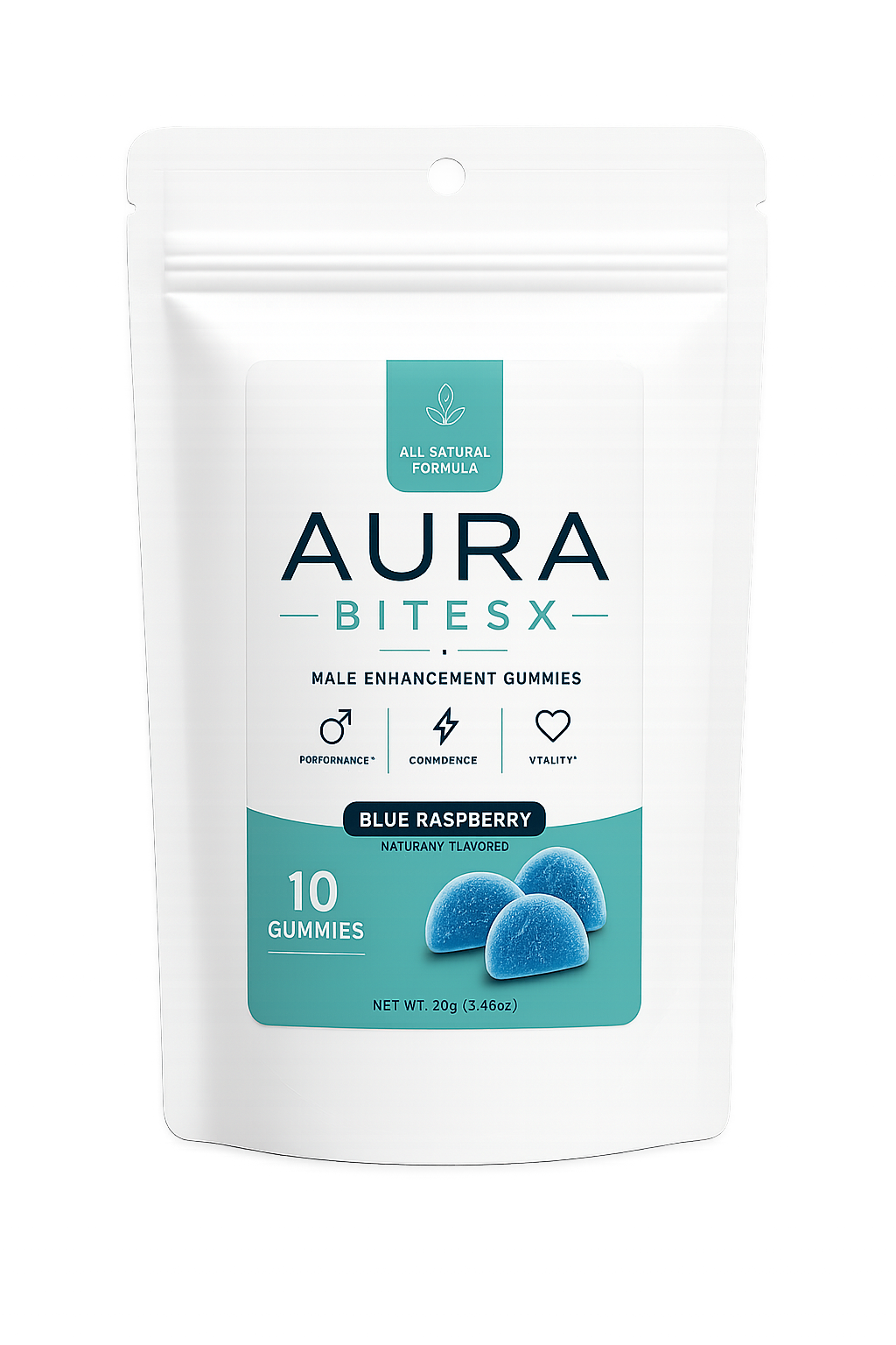 Package of Aura BitesX male enhancement gummies with blue raspberry flavor, containing 10 gummies.