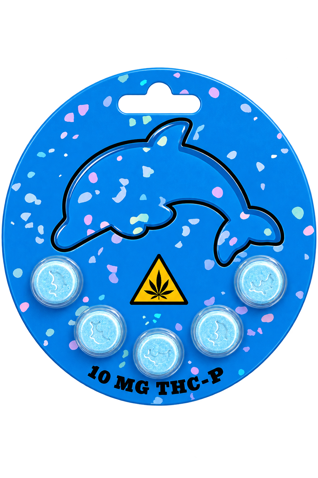 Blue package with illustrations of dancing dolphins and colorful confetti, labeled as 10 mg THC-P, with a cannabis warning symbol featuring a leaf.