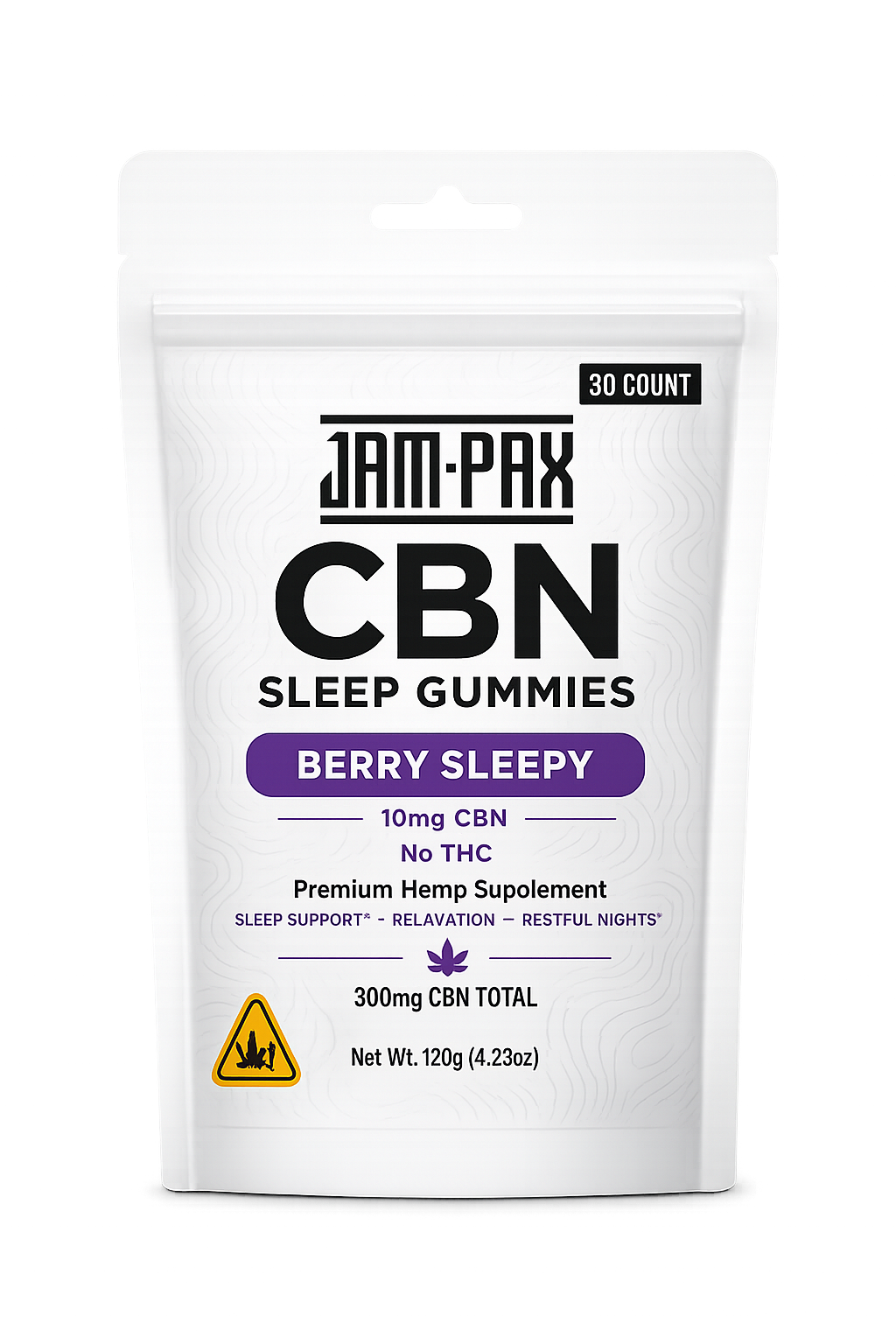 Package of JAM-PAX CBD sleep gummies with berry flavor, containing 30 gummies, 10mg CBD each, THC free, and a total of 300mg CBD.