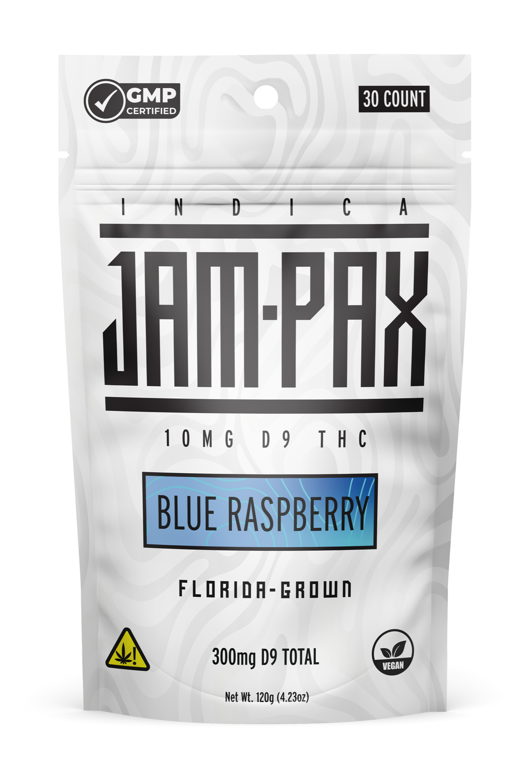 Packaging of Blue Raspberry CBD gummies, 30 count, with a net weight of 120 grams. Features include GMO certification, vegan, contains 300mg D9 THC total, and a warning symbol for psychoactive substance.