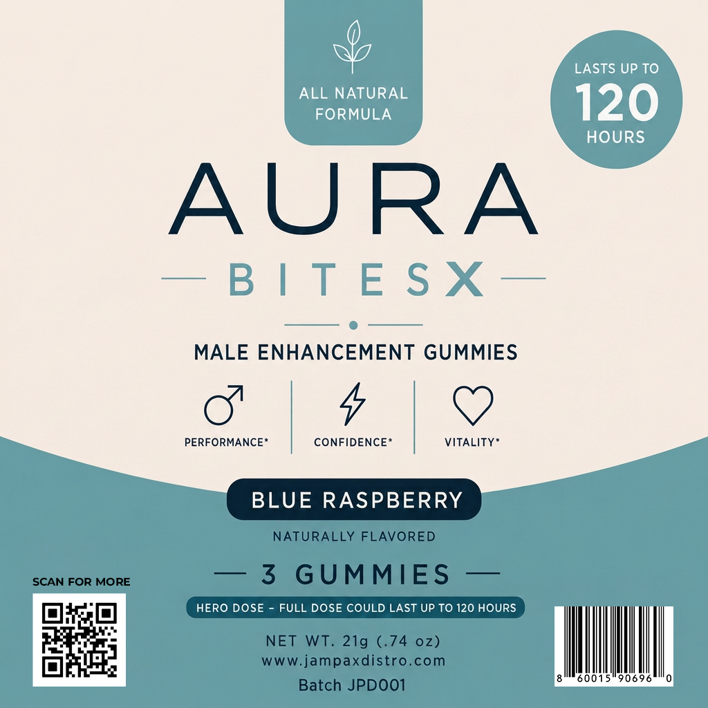 A label for Aura Bitesx male enhancement gummies, blue raspberry flavor, lasting up to 120 hours, contains 3 gummies, all natural formula, promotes performance, confidence, and vitality, net weight 21g, QR code, barcode, and website address.