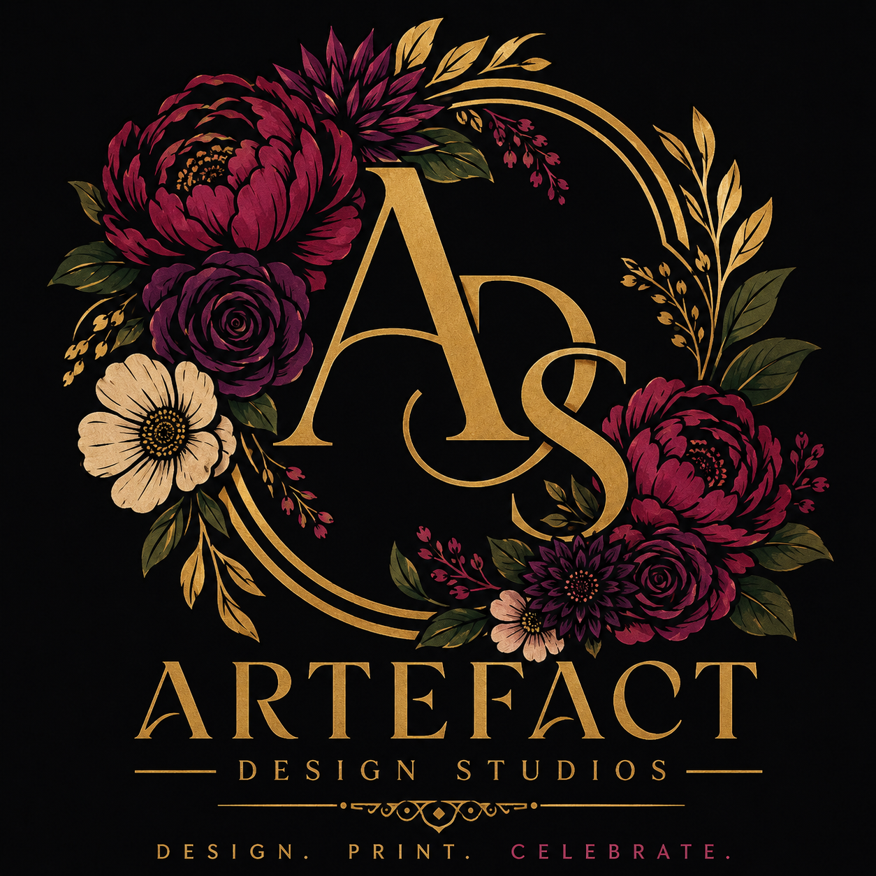 Elegant black background with gold and floral logo for Artefact Design Studios, featuring large gold initials 'A S' surrounded by purple, white, and pink flowers and leaves, with the text 'Artefact Design Studios' and slogan 'Design. Print. Celebrate.'