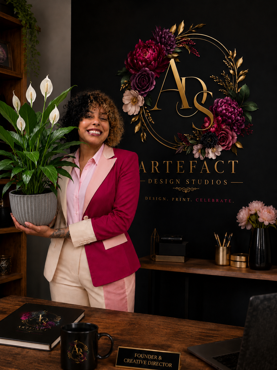 A woman in a pink and cream suit holding a potted peace lily plant, smiling in an office with a black wall decorated with gold lettering and floral designs.