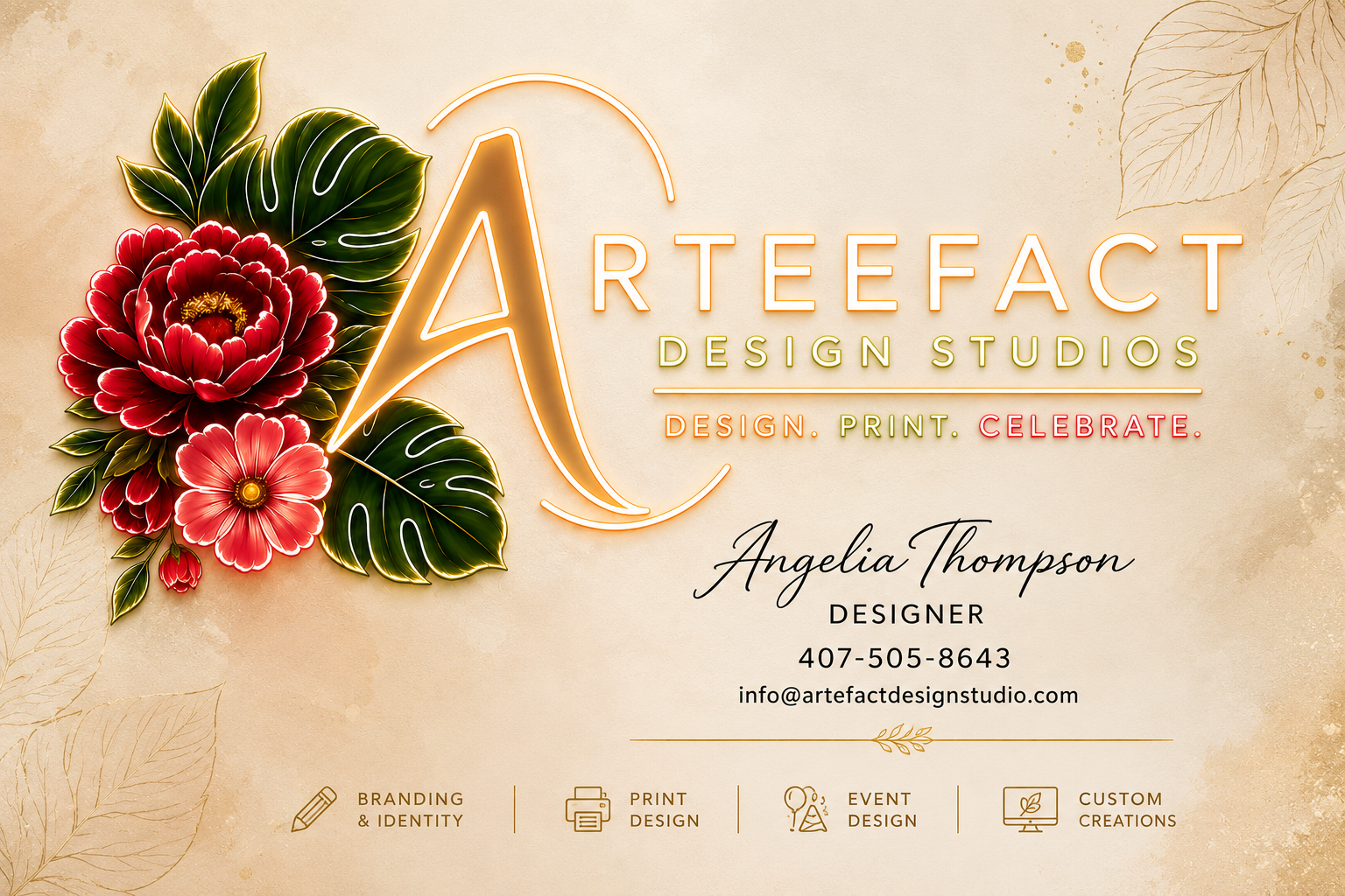 Business card for Artefact Design Studios featuring floral and leaf designs, with contact information for Angela Thompson, a designer, including phone number and email, and icons for branding, print, event design, and custom creations.