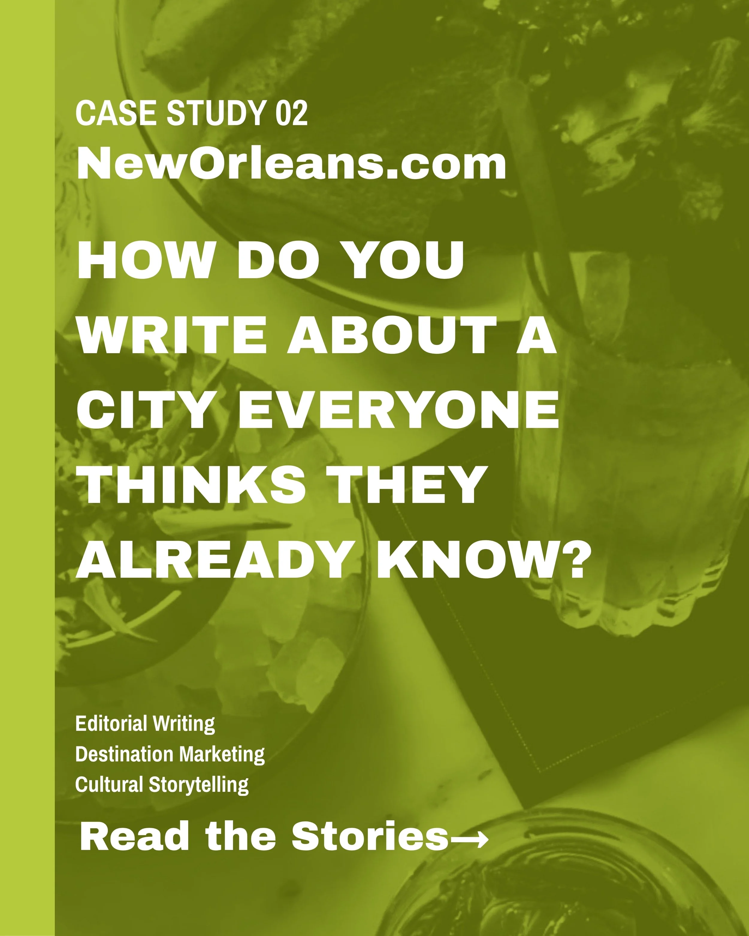 A green-tinted image with text overlay about writing city stories, featuring a bicycle and a glass of what appears to be a mojito with mint leaves.