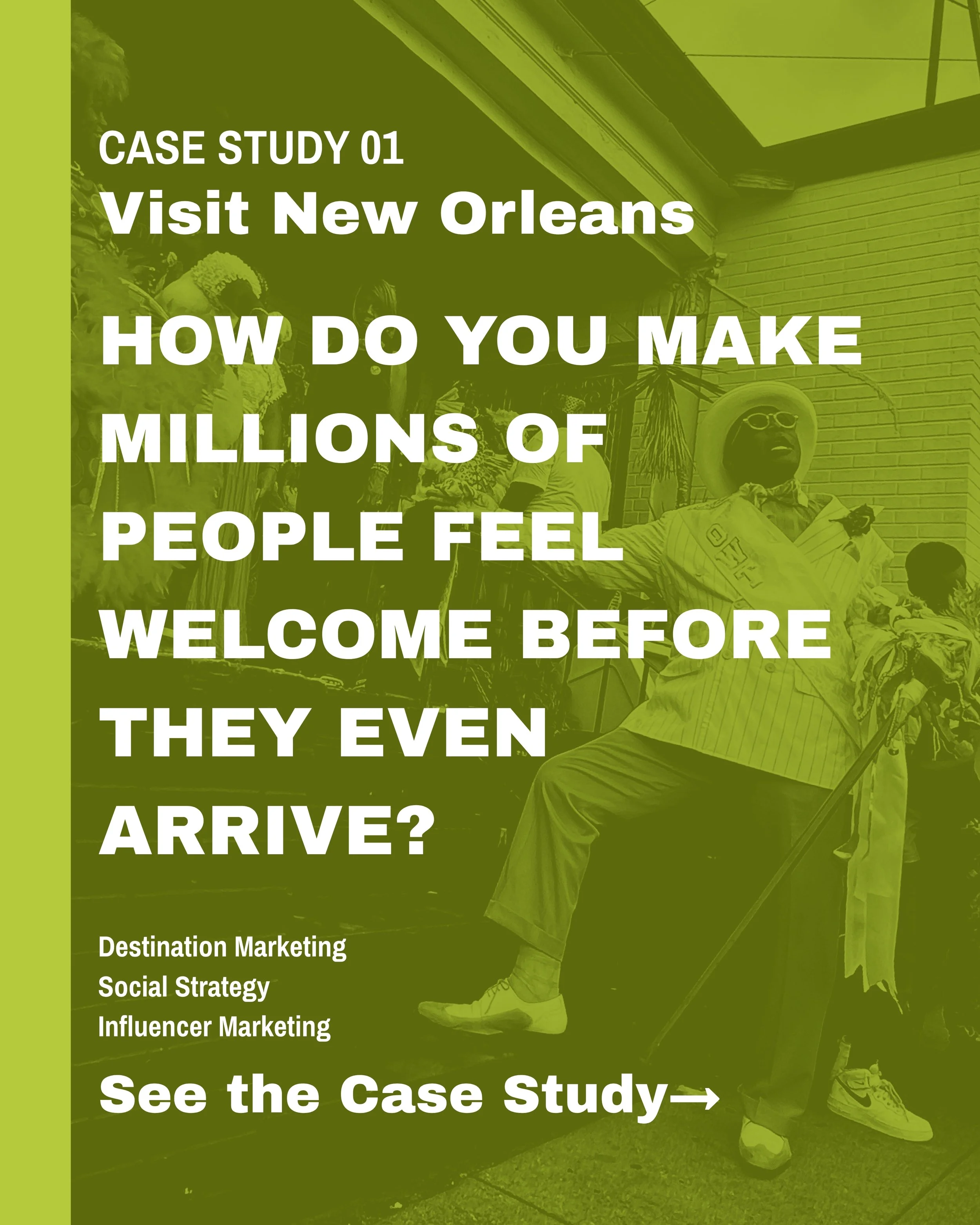 Green-themed promotional poster with text about a case study on marketing strategies in New Orleans, featuring a person sitting with a wide-brimmed hat and sunglasses, partially obscured by the overlay text.