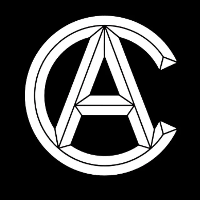 Black background with white geometric design of the letter 'A' enclosed in a circular shape.