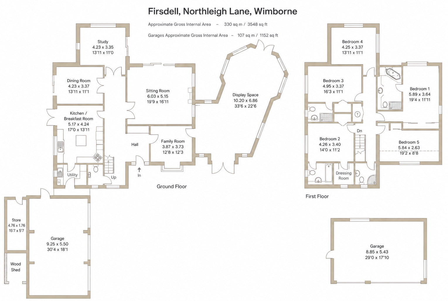 Floor plan of a house named Firdell, Northleigh Lane, Wimborne. The ground floor includes a garage, utility, kitchen/breakfast room, dining room, study, sitting room, family room, display space, and several hallways. The first floor features four bedrooms, a dressing room, and bathrooms. There is also a separate large garage and a wood shed outside.