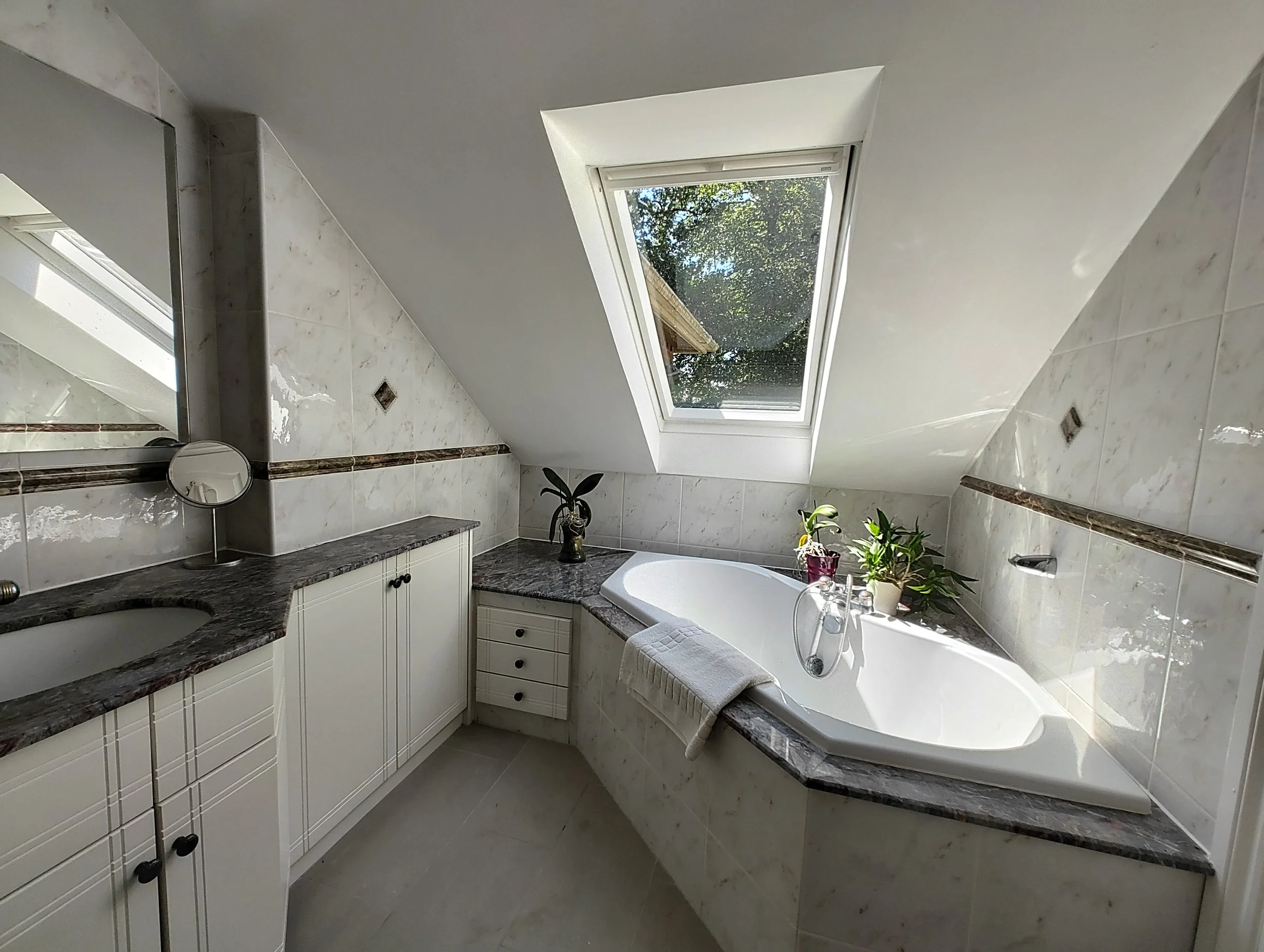 A bathroom with a skylight window on the ceiling, showing trees outside. The bathroom has white cabinets, a dark marble countertop, a bathtub with a towel, and some plants near the window. There is also a mirror and a small round mirror on the counte