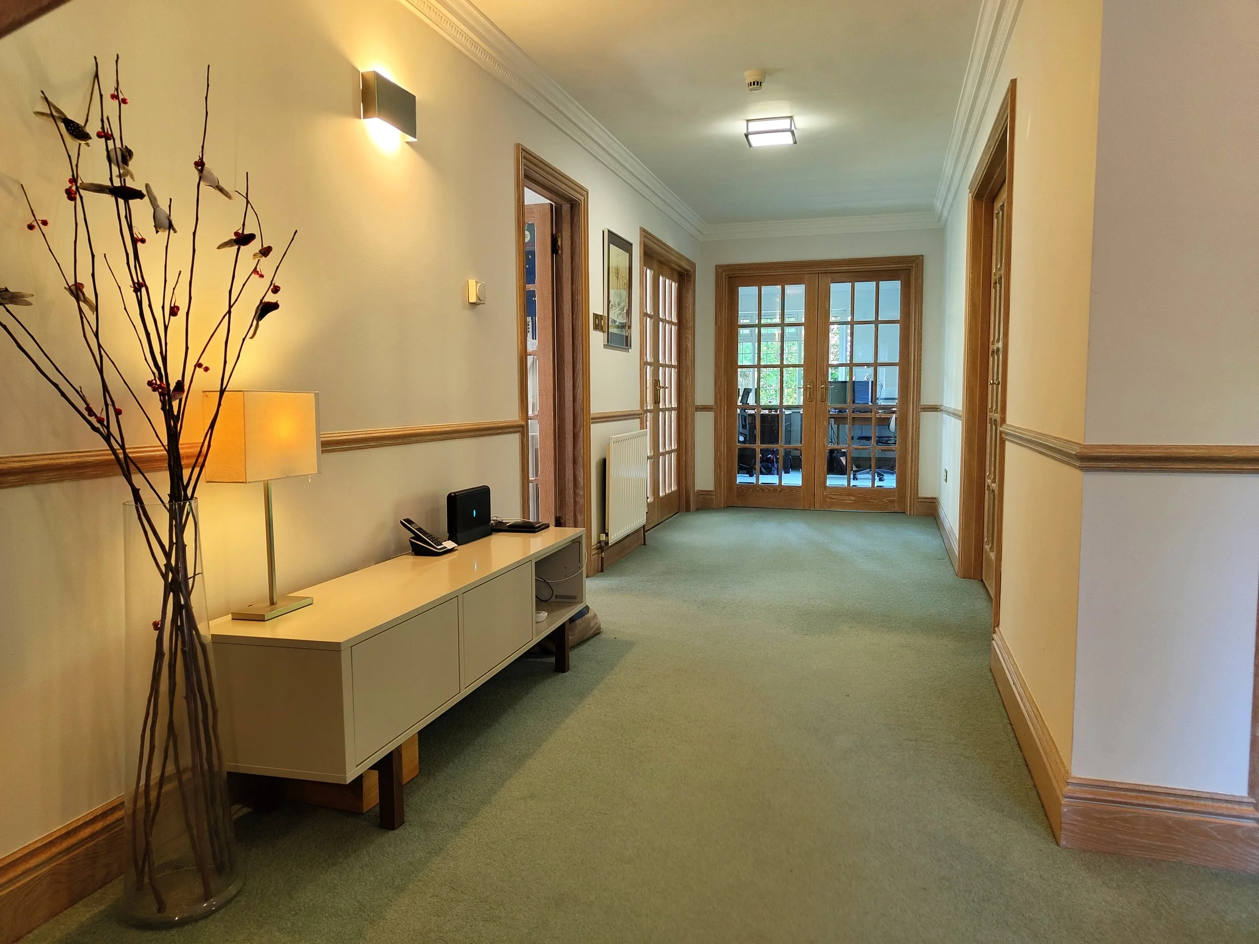 A hallway with light-colored walls, wooden trim, and green carpet. There are multiple doors with glass panes, sunlit from outside. On the left, a white cabinet holds a cordless phone and a small electronic device. A tall decorative branch arrangement
