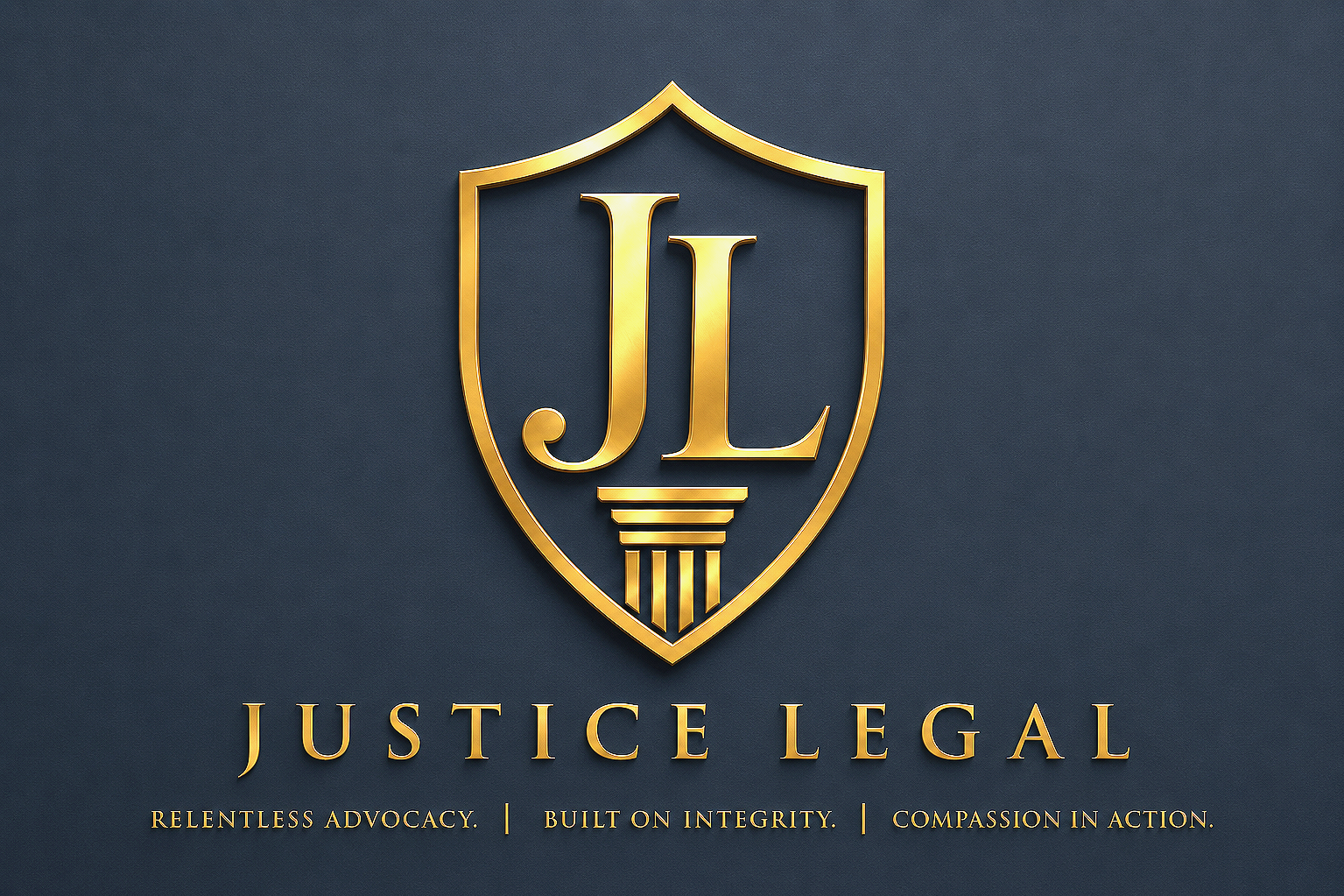 Justice Legal Below, the text reads 'Justice Legal' with the slogans 'Relentless Advocacy,' 'Built on Integrity,' and 'Compassion in Action.'