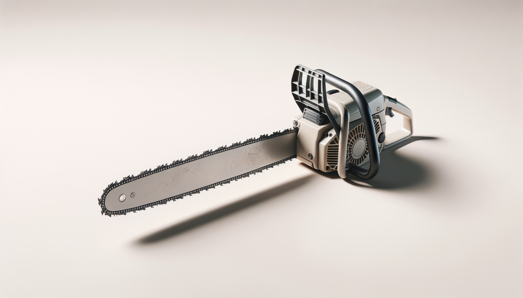 A chainsaw with a black handle and a long blade, placed on a light-colored surface with a soft shadow.