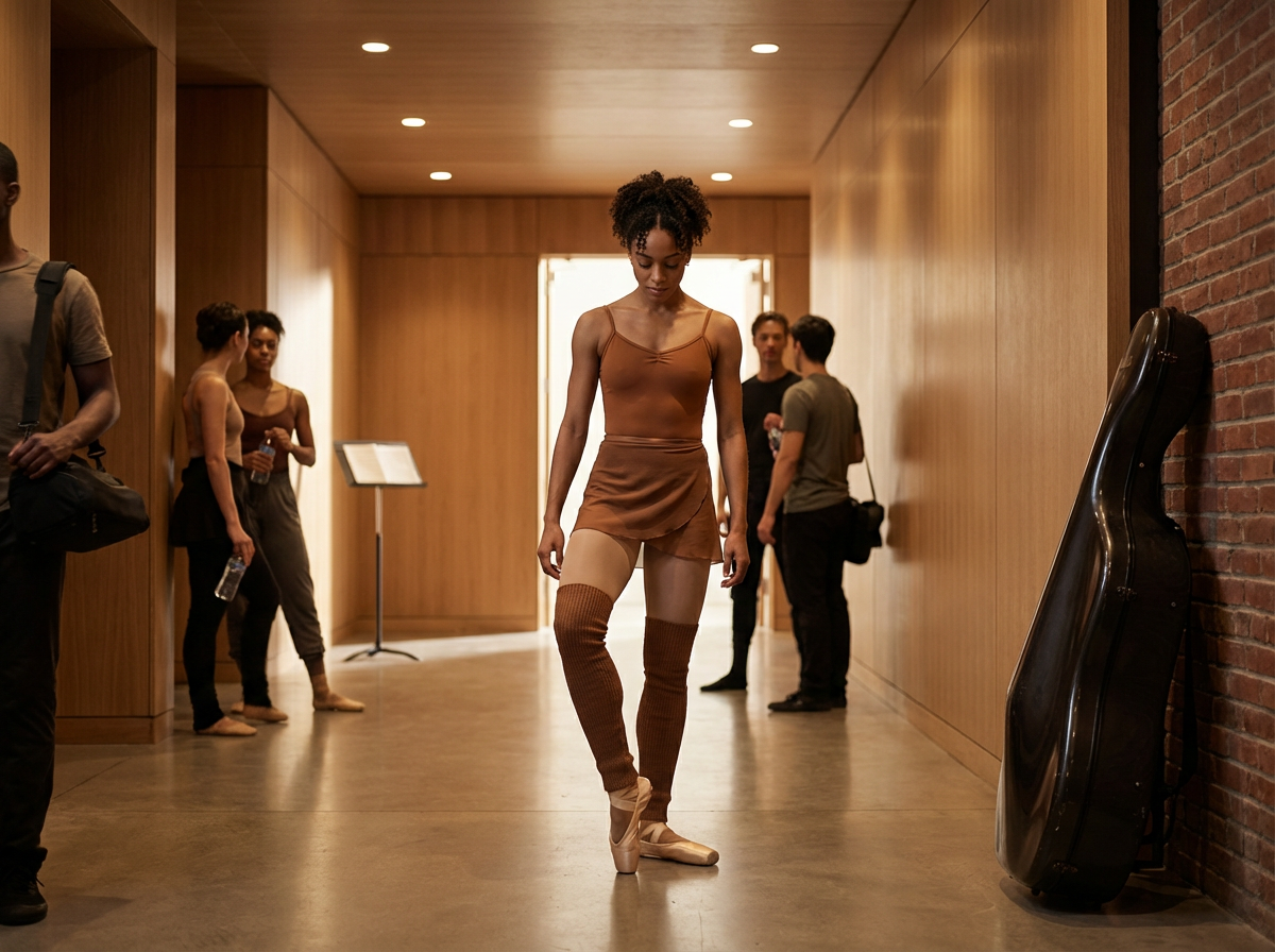 Ballet dancer in a tan outfit standing en pointe in a hallway, with other people in the background.