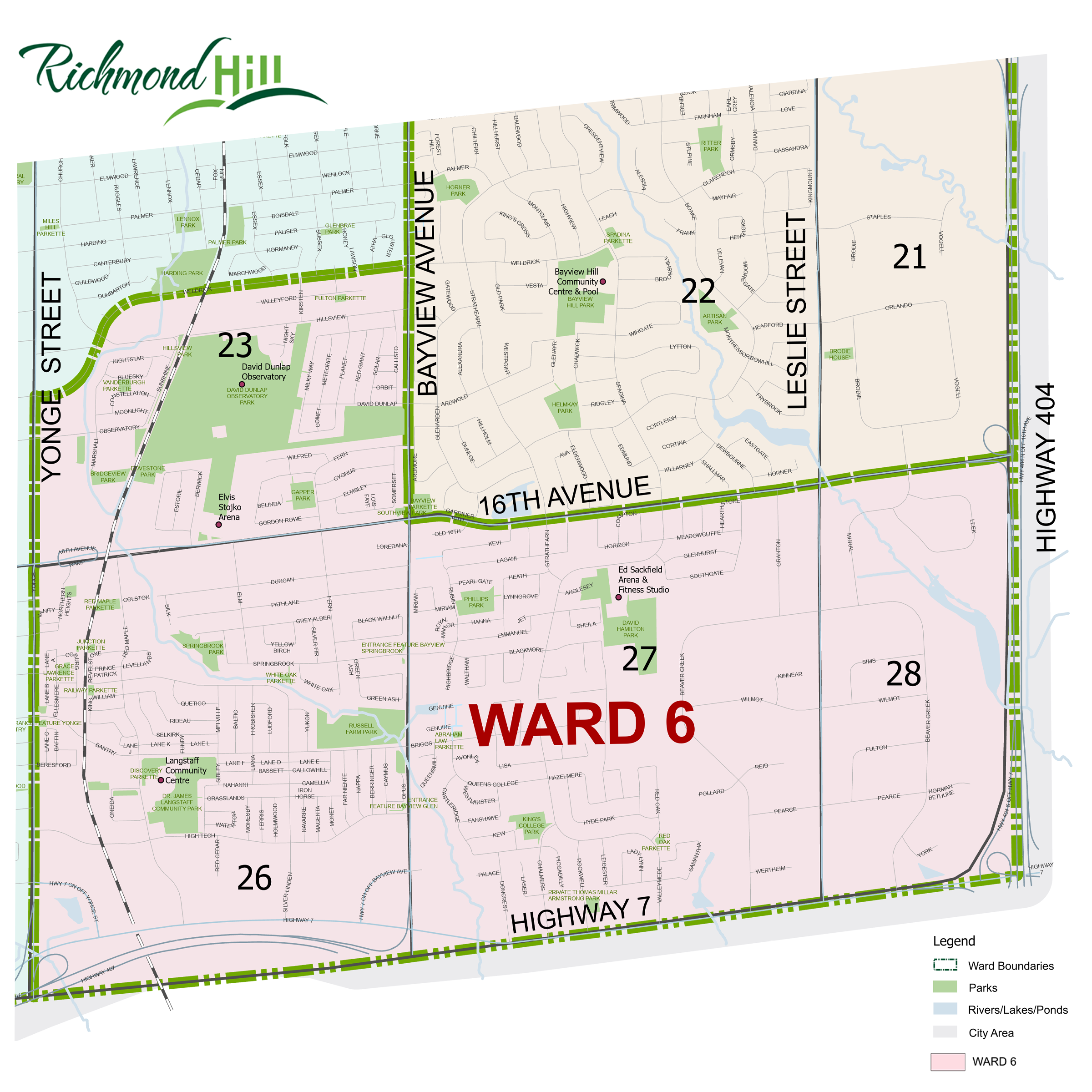 Map of Richmond Hill ward boundaries with streets, parks, rivers, and lakes labeled, Ward 6 in red, including highways 7 and 16th Avenue.