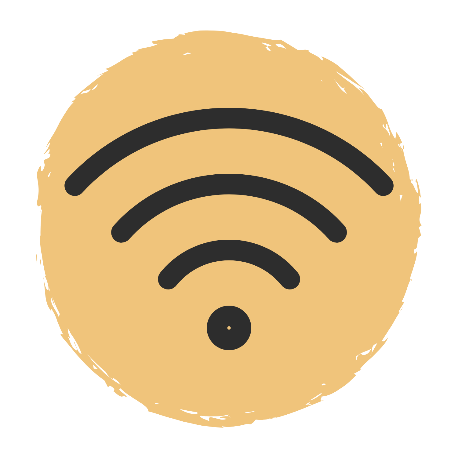 A graphic illustration of a Wi-Fi signal icon, depicted as black curved lines radiating from a small circle, set against a tan circular background with rough, uneven edges.