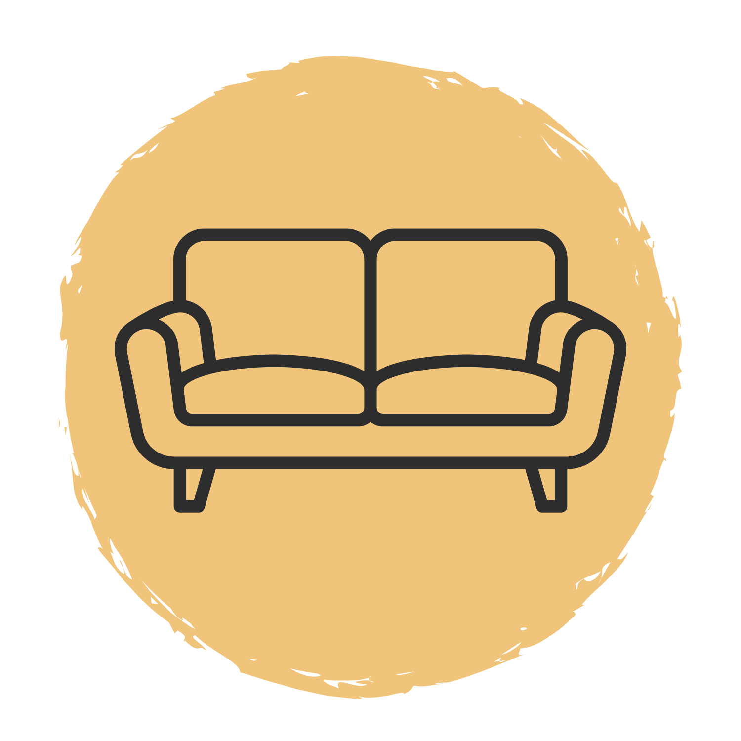 Line drawing of a sofa with simple design, shown within a circular beige background.