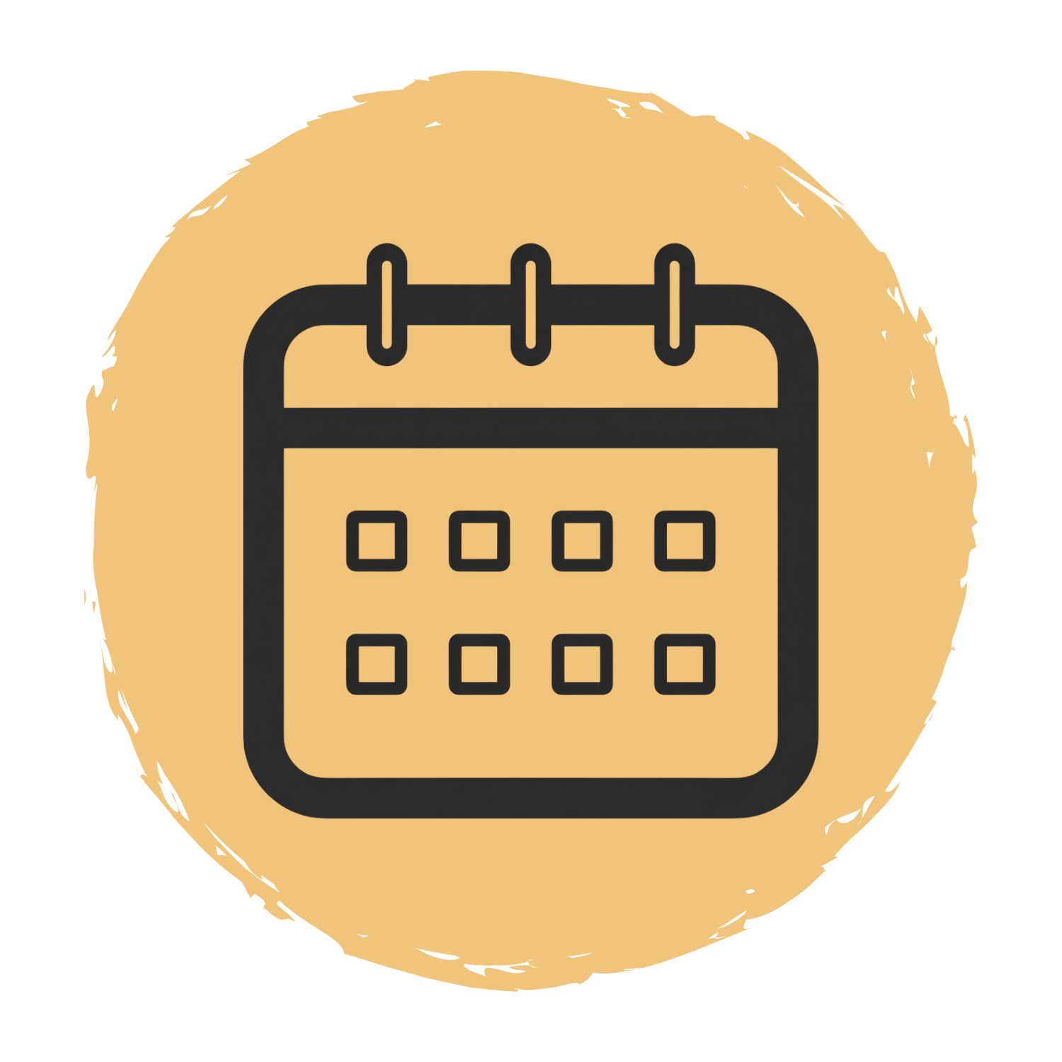 Simple black outline of a calendar with a rounded top, fastened with three loops, on a beige background.