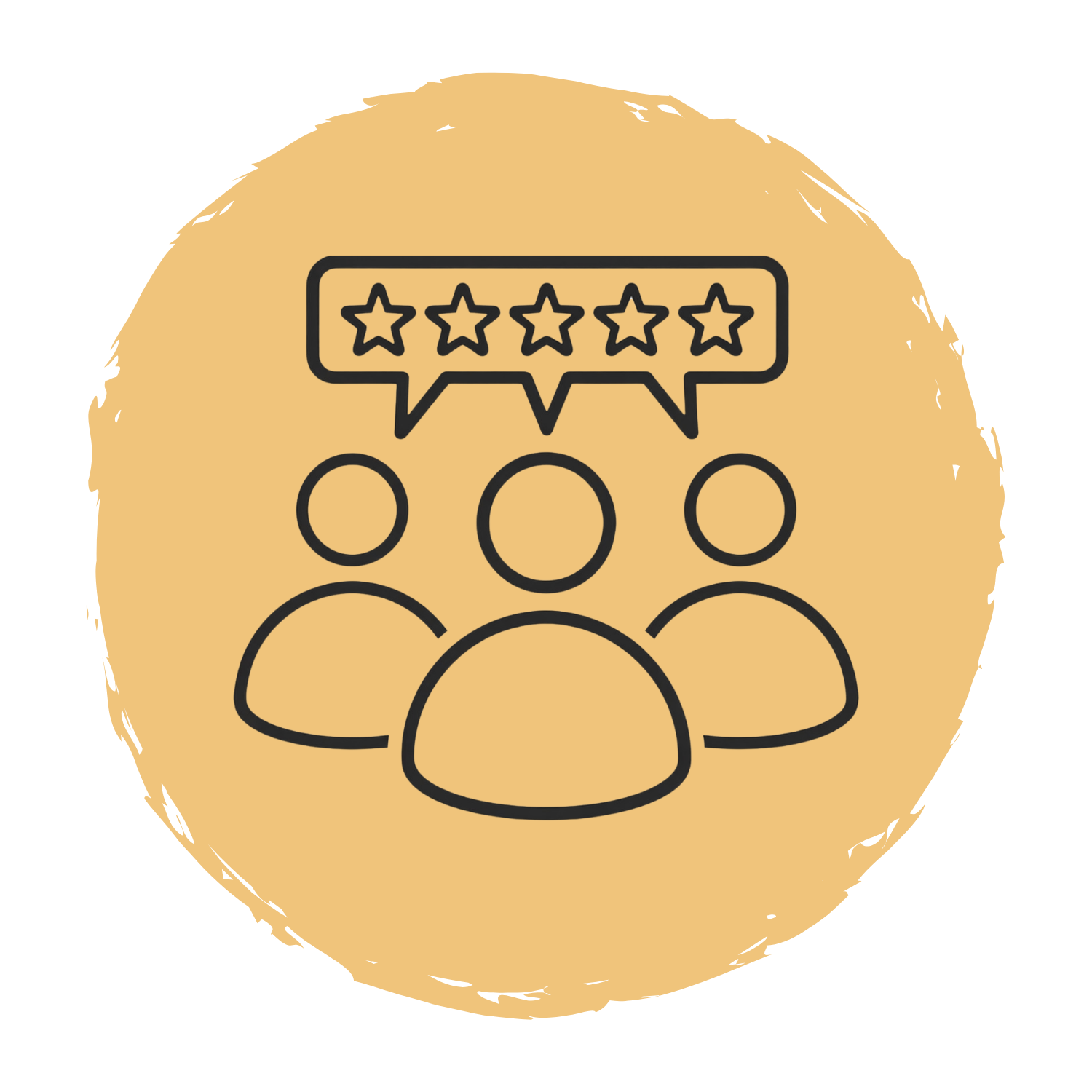 Line drawing of three people with a speech bubble above their heads containing five stars, indicating a review or rating.