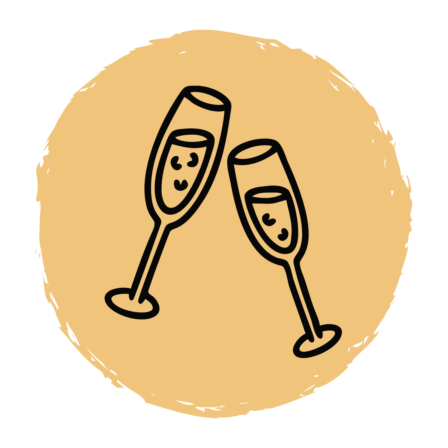 Illustration of two champagne glasses clinking in celebration on a round, tan-colored background.