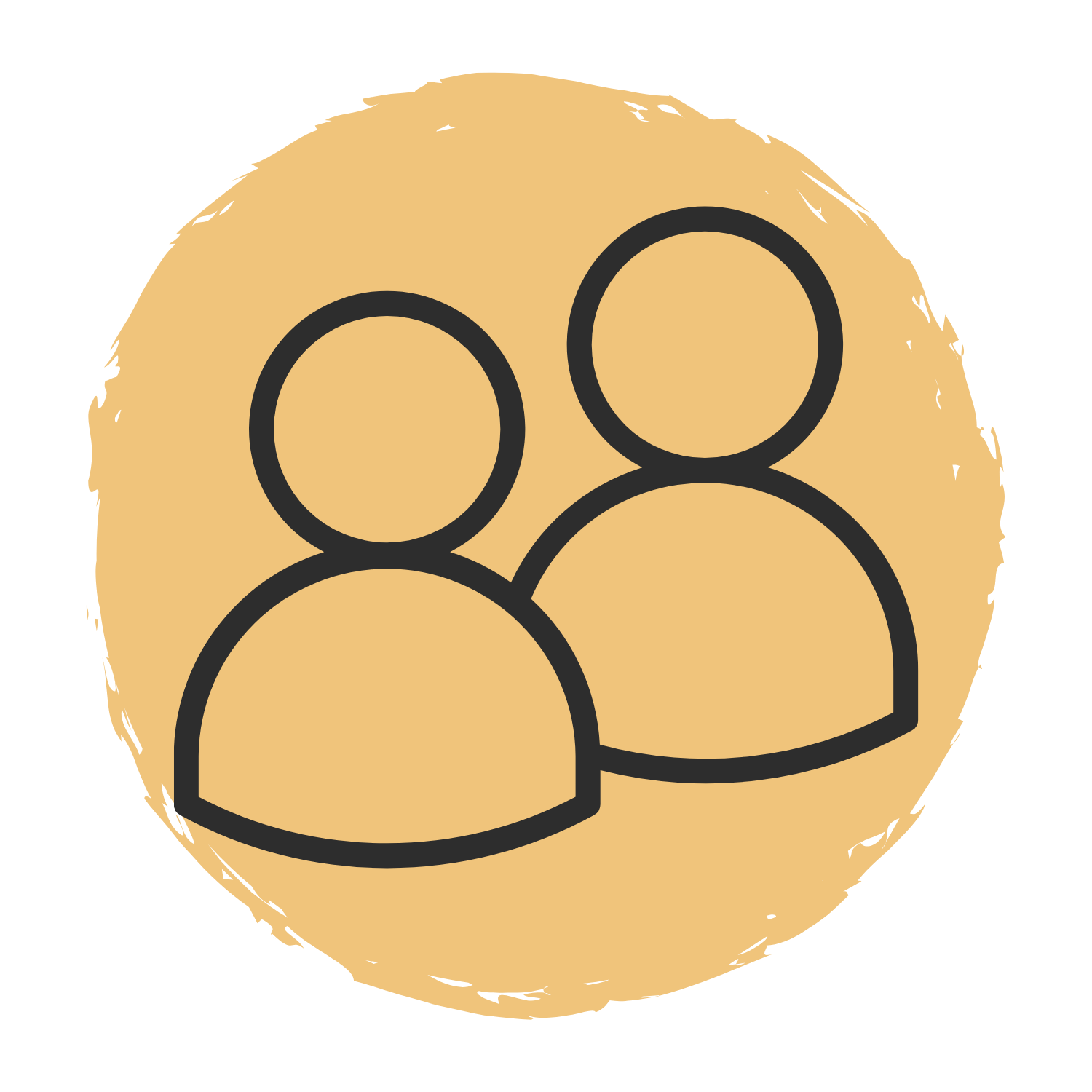 Outline illustration of three people within a circular background, representing a community or group.