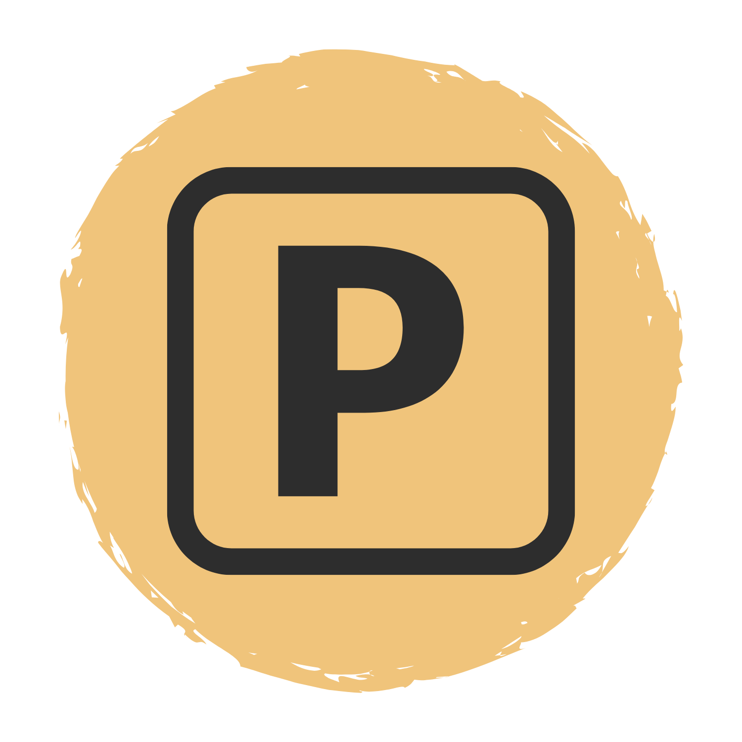 A parking sign with a large black letter P inside a black square, on a round beige background.