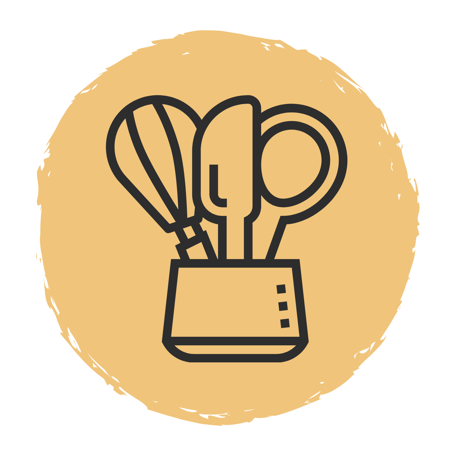 Outline illustration of a potted plant with large leaves, set against a beige circular background.
