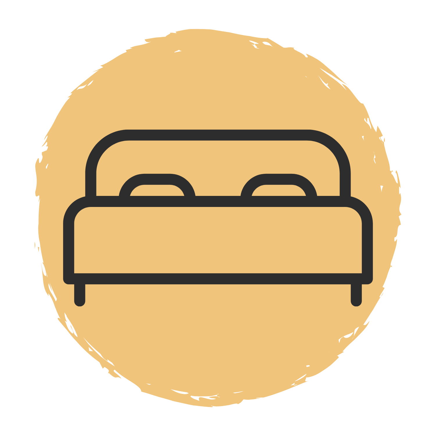 A stylized illustration of a bed with a headboard and footboard, set against a circular beige background.