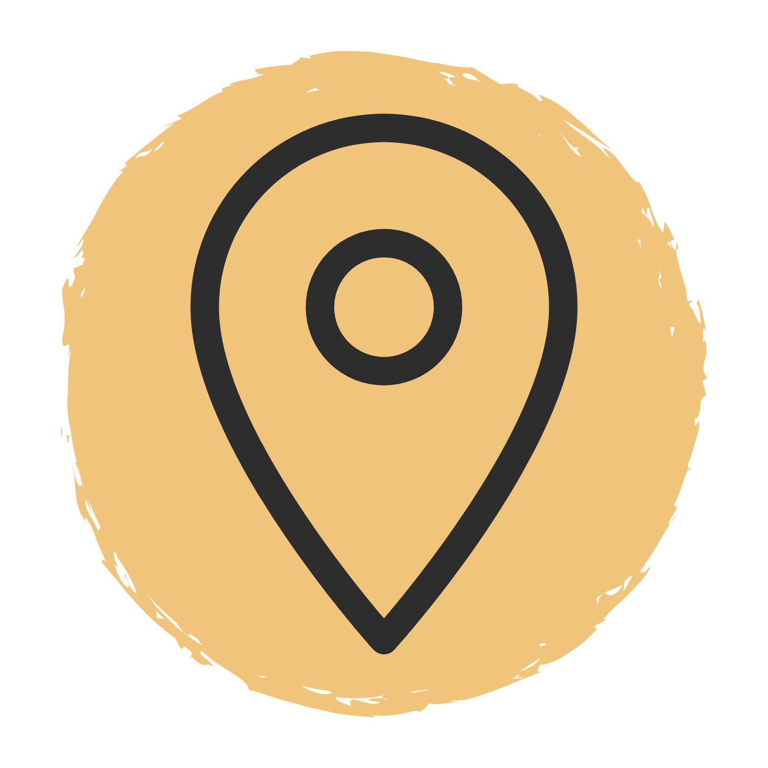 Illustration of a map location pin icon on a beige circular background with rough, textured edges.