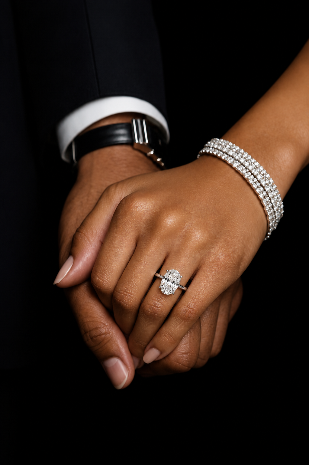 Nahaufnahme von den Händen eines Paares, das eine Verlobungsring trägt, mit Schmuck und eleganter Kleidung.