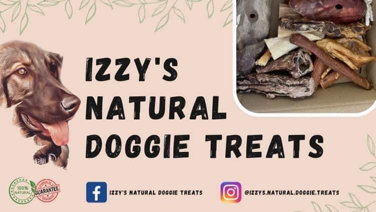 Cover photo which states "Izzy's Natural Doggie Treats" with image of a Spanish Mastin named Izzy and a selection of natural dog treats