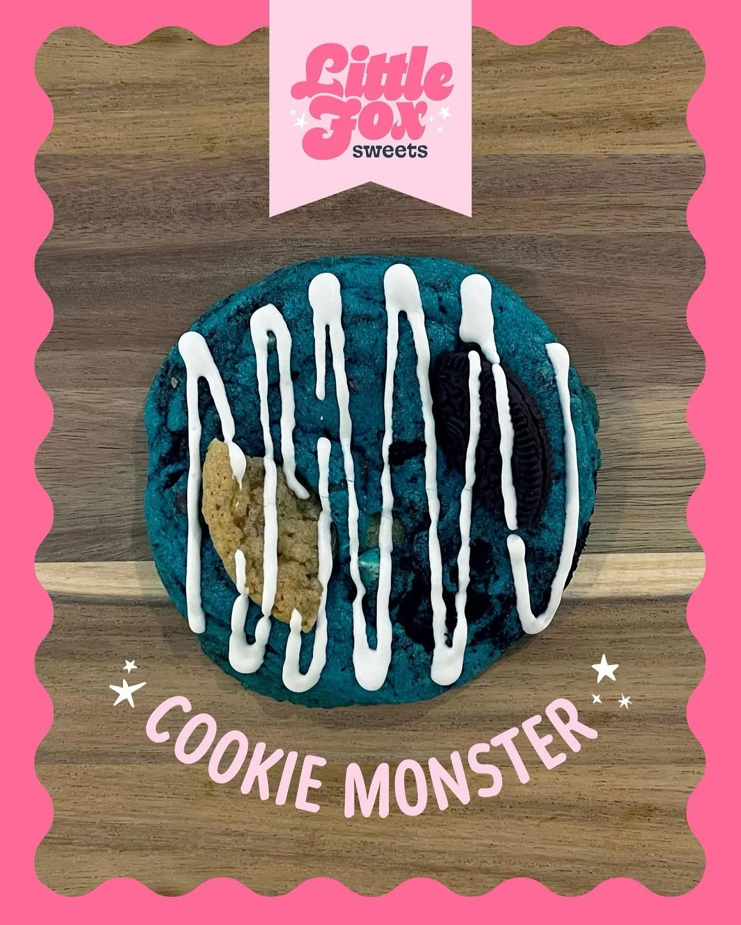 Available This Month! Cookie Monster is a blue Oreo cookie stuffed with chocolate chip cookie dough and baked to perfection. Finished with a sweet icing drizzle and cookie crumbles.

Available for pick up at www.littlefoxsweets.com