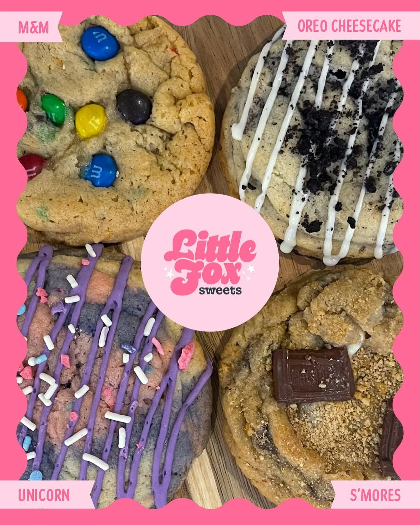 I have brand new cookies for September! M&amp;M, Oreo Cheesecake, Unicorn and S&rsquo;mores! Order now at LittleFoxSweets.com