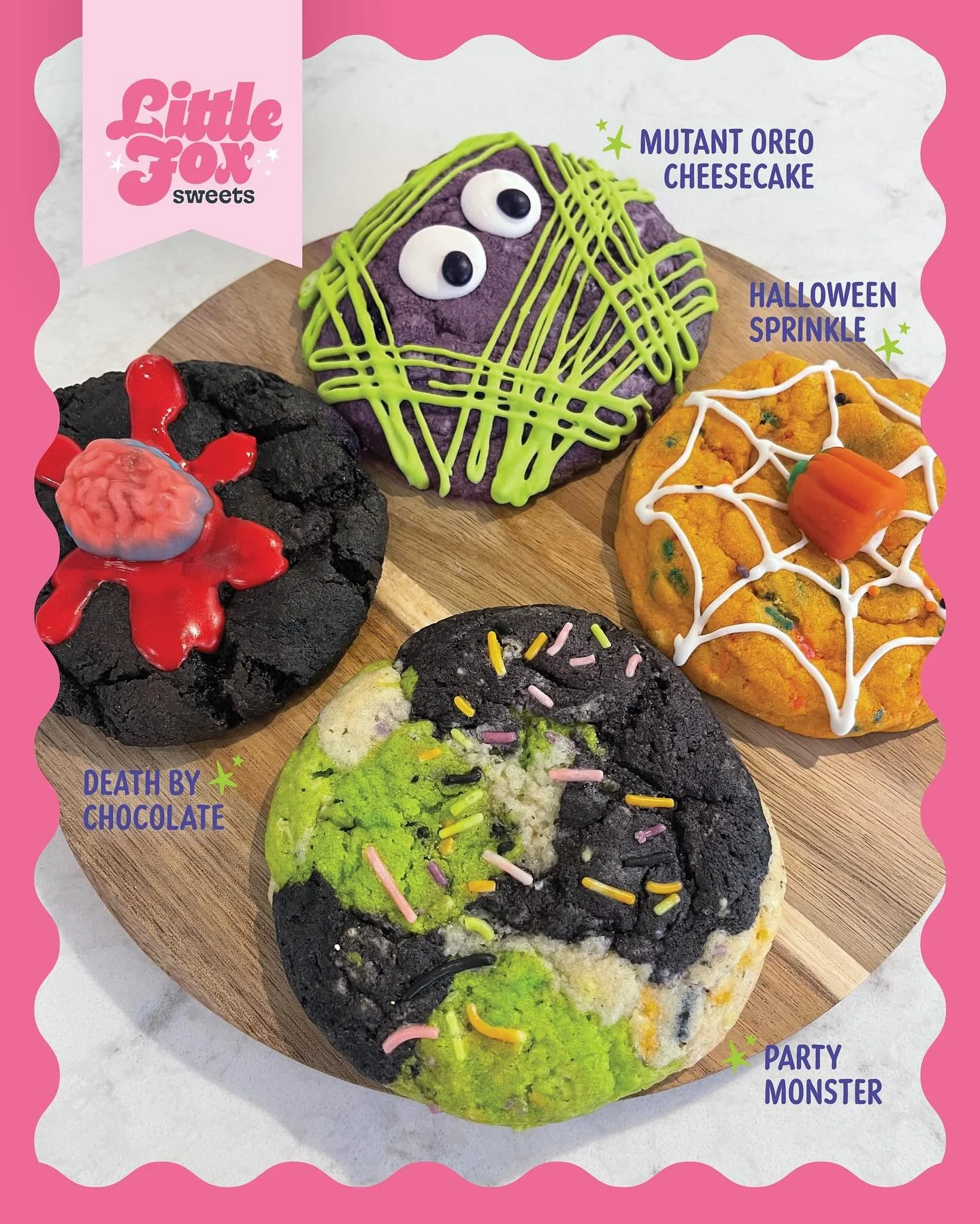 I am VERY excited for my brand new spooky Halloween cookies! Perfect for parties, gifts or fun treats. Available now at littlefoxsweets.com