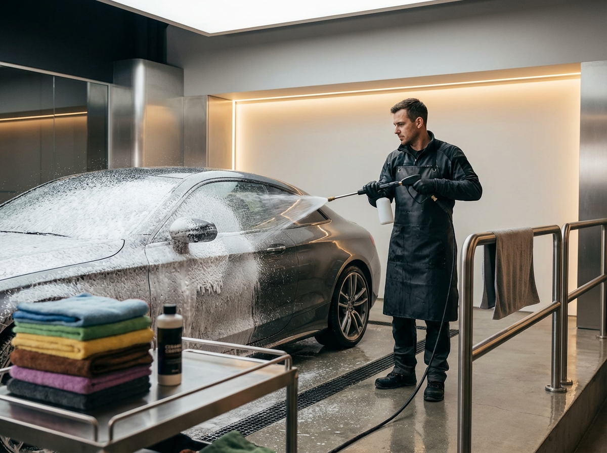 A man in a black apron and gloves is washing a black car with a pressure washer inside a modern, well-lit car wash bay. There are neatly folded towels in various colors and cleaning supplies on a metal cart nearby, and a towel hanging on a railing.
