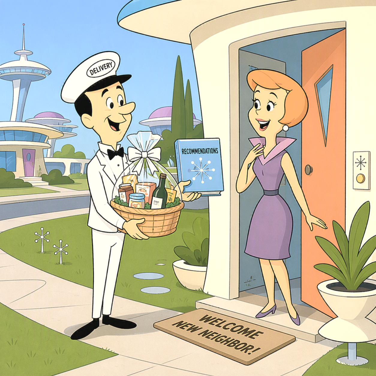 Cartoon scene of a man in a tuxedo holding a basket of gifts, standing outside a house welcoming a woman in a purple dress with an open door. The man wears a hat labeled 'Delivery'. There is a sign on the house saying 'Welcome New Neighbor!' and a small table with potted plants nearby. The background features a futuristic cityscape with tall buildings and a blue sky.